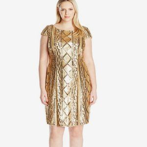 Adrianna Papell New Gold Sequin size 14W Plus Stretch Cable knit Cocktail Dress